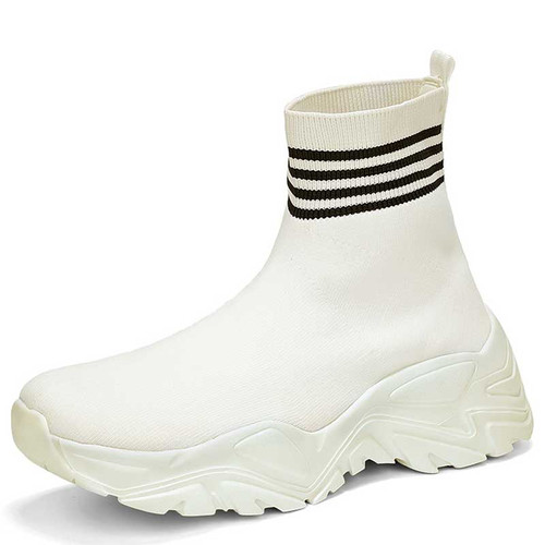 Women's beige flyknit stripe sock like fit slip on shoe sneaker 01